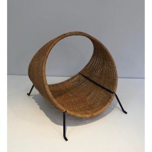 Design Rattan And Black Lacquered Metal Logs Holder. French. Circa 1970