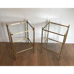 Pair Of Neoclassical Style Brass Side Tables With Fluted Legs And Rounded Corners