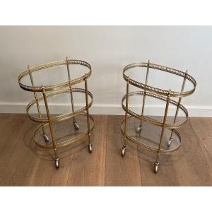 Pair Of Neoclassical Style 3 Tiers Oval Brass Drinks Trolley