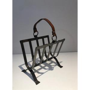 Steel And Leather Magazine Rack. French Work In The Style Of Jacques Adnet. Circa 1950