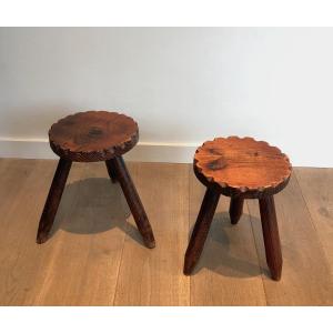 Pair Of Pine Brutalist Stools. French Work. Circa 1950