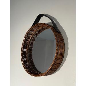Rattan And Leather Round Mirror. French Work, Circa 1950