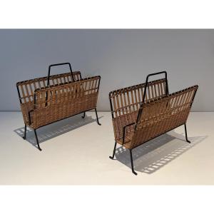 Pair Of Rattan And Black Lacquered Magazine Rack. French Work. Circa 1950