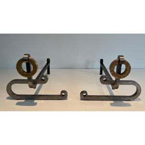 Pair Of Modernist Chromed Steel, Brass And Iron Andirons. French Work. Circa 1970