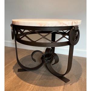 Wrought And Hammered Iron Art Deco Gueridon With Thick Round White Marble Top. French Work