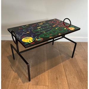 Black Lacquered Metal And Ceramic Coffee Table Decorated With Stylized Fish And Corals. French Work In The Style Of Jacques Adnet. Circa 1950