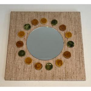 Small Square Mirror Made Of Raffia En Colored Ceramics Round Elements. French Work. Circa 1950