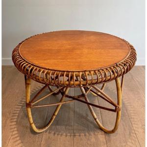 Round Rattan Coffee Table With A Wooden Top. Italian Work Style Of Franco Albini. Circa 1950 