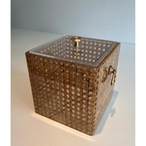 Lucite, Caned And Brass Ice Bucket. Italian Work Style Christian Dior And Gabriella Circa 1970