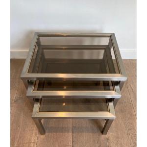 Suite Of 3 Nesting Tables In Brushed Steel And Brass. French Work Attributed To Guy Lefèvre.