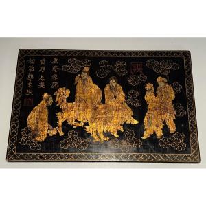 Lacquer And Gilding Painting On Wooden Panel Representing Chinese Characters,