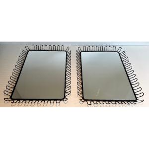 Pair Of Mirrors In Black Lacquered Metal. French Work In The Taste Of Jean Royère. Around 1980