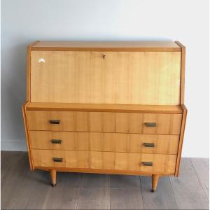 Secretary In Sycamore And Bronze Handles Composed Of A Small Sloping Flap Desk