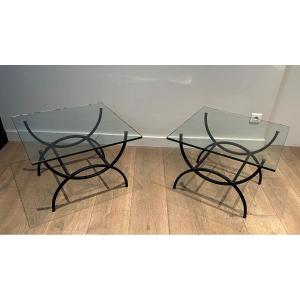 Pair Of Black Lacquered Side Tables With Thick Glass Tops. French Work. Circa 1950
