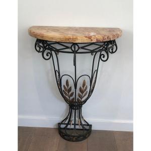 Tiny Half-moon Console In Wrought Iron With Decorations Of Leaves And Arrows And A Marble Top.