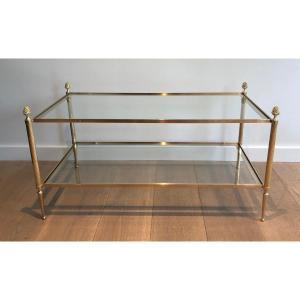 Brass Coffee Table By Maison Baguès With Two Glass Shelves Featuring Bronze Tassels On Corners
