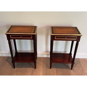 Pair Of Mahogany And Brass Side Tables With Leather Tops In The Style Of Maison Jansen