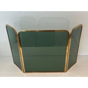 Fireplace Screen Made Of Glass Panels Surrounded By A Brass Frame. French Work. Circa 1970