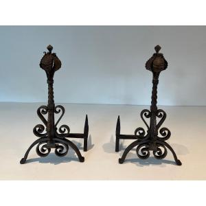 Pair Of Wrought Iron Andirons Decorated With Foliage And Scrolls. French Work. Circa 1900