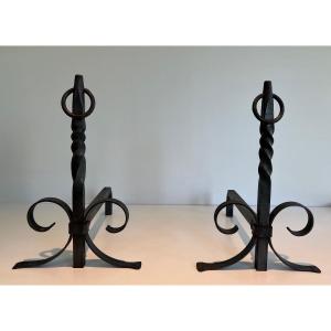 Pair Of Wrought Iron Andirons. French Work. Circa 1920