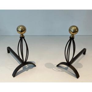 Pair Of Wrought Iron And Brass Andirons. French Work. Circa 1970