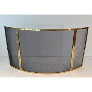 Design Curved Brass Fireplace Screen With 3 Panels. French Work. Circa 1970