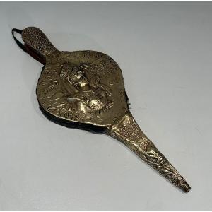Repoussé Brass Fireplace Bellows With The Effigy Of A Woman. French Work In Style