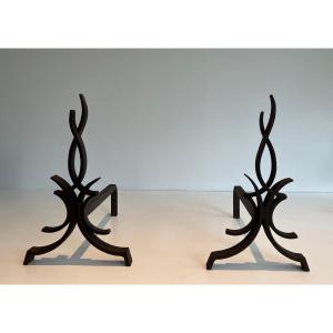 Pair Of Wrought Iron Andirons. French Work By Raymond Subes. Circa 1940