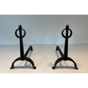 Pair Of Wrought Iron Andirons. French Work In The Style Of Jacques Adnet. Circa 1920