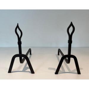 Pair Of Modernist Wrought Iron Andirons. French Work. Circa 1950