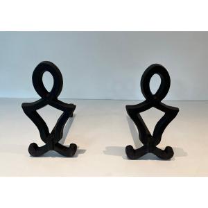 Pair Of Modernized Andirons In Cast Iron And Wrought Iron. French Work By Raymond Subes. Around 1940