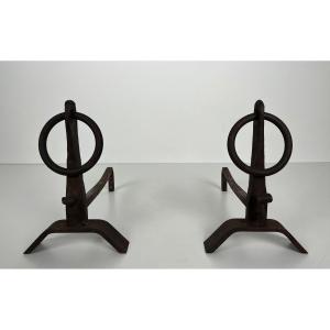 Pair Of Modernist Wrought Iron Andirons. French Work In The Taste Of Jacques Adnet.