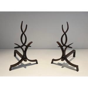 Pair Of Wrought Iron Andirons. French Work By Raymond Subes. Around 1940