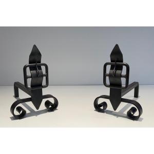 Pair Of Modernist Andirons Representing A Belt. French Work. Around 1950