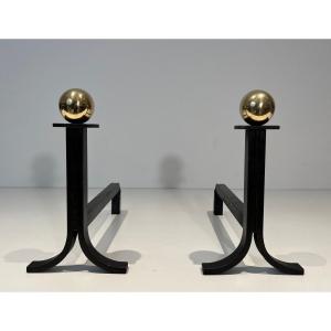 Pair Of Modernist Andirons In Steel, Brass And Wrought Iron. French Work In Taste