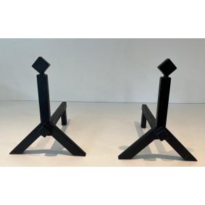 Pair Of Modernist Wrought Iron Andirons. French Work. Circa 1950