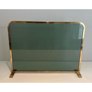 Fireplace Screen Made Of A Greenish Glass Panel Surrounded By A Brass Frame. French Work. Circa 1970