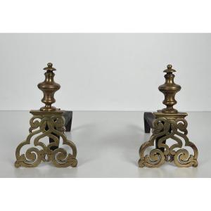 Pair Of Chiseled Bronze And Wrought Iron Andirons. French Work In The Louis The 15th Style. 19th Century