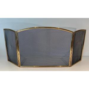 Neoclassical Style Brass And Grilling 3 Panels Fireplace Screen. French Work. Circa 1970