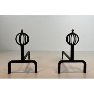 Pair Of Wrought Iron Andirons. French Work In The Style Of Jean Royère. Circa 1940