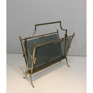 Neoclassical Style Brass And Blueish Glass Magazine Rack. French Work By Maison Jansen. Circa 1