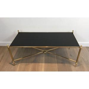 Neoclassical Style Brass Coffee Table With Black Lacquered Glass Top. French Work
