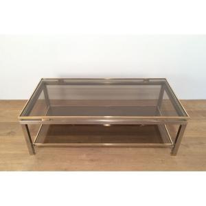 Brushed Steel And Brass Coffee Table. French Work By Guy Lefèvre For Maison Jansen. Circa 1970