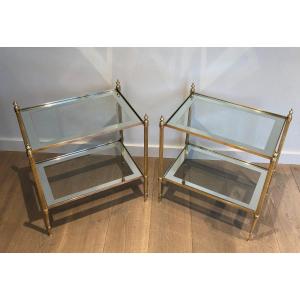 Pair Of Neoclassical Style Brass Side Tables With Fluted Legs And Glass Shelves 