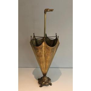 Umbrella Stand Made Of A Embossed Brass Umbrella Whose Handle Represents A Bronze Dog's Head. 