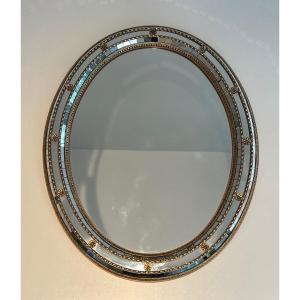 Multi-facets Round Mirror With Brass Garlands. French Work. Circa 1970