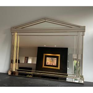 Large Domus Mirror In Wood, Gold Plexiglass And Mirrors. French Work. Circa 1970