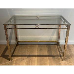 Bureau De Style Néoclassique En Chrome Et Laiton. Travail Italien. Vers 1970