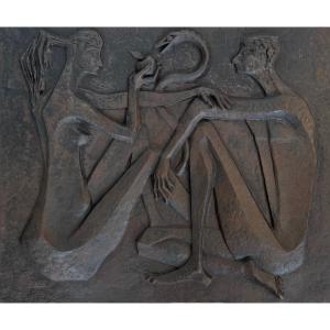 Plaque De Cheminée Moderniste Signée En Fonte Représentant Adam Et Eve, La Pomme Et Le Serpent