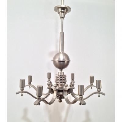 Important Chandelier Art Deco Bronze Silver. 1930